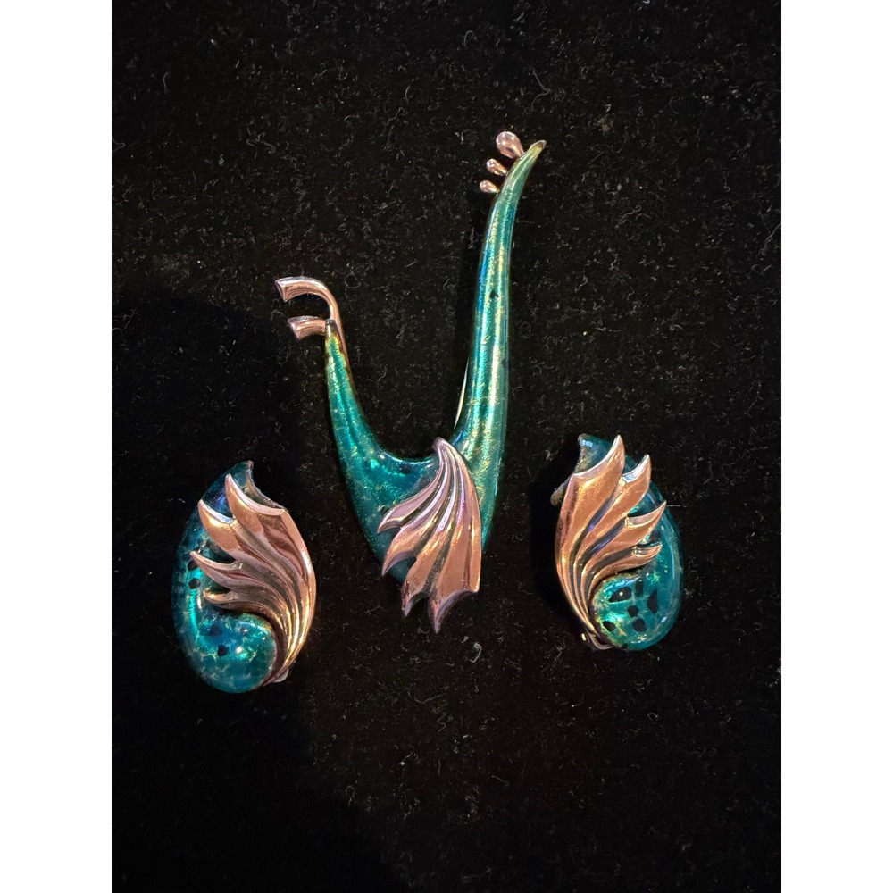 Matisse Copper Teal Green Enamel "Windsong" Bird brooch & Clip Earrings MCM